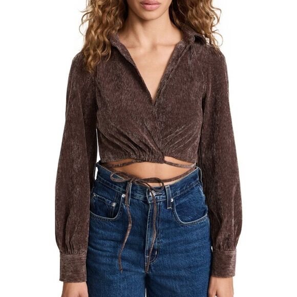 Nwt En Saison - XS - Shirt Womens Brown Corduroy Wrap Long Sleeve - Picture 1 of 5